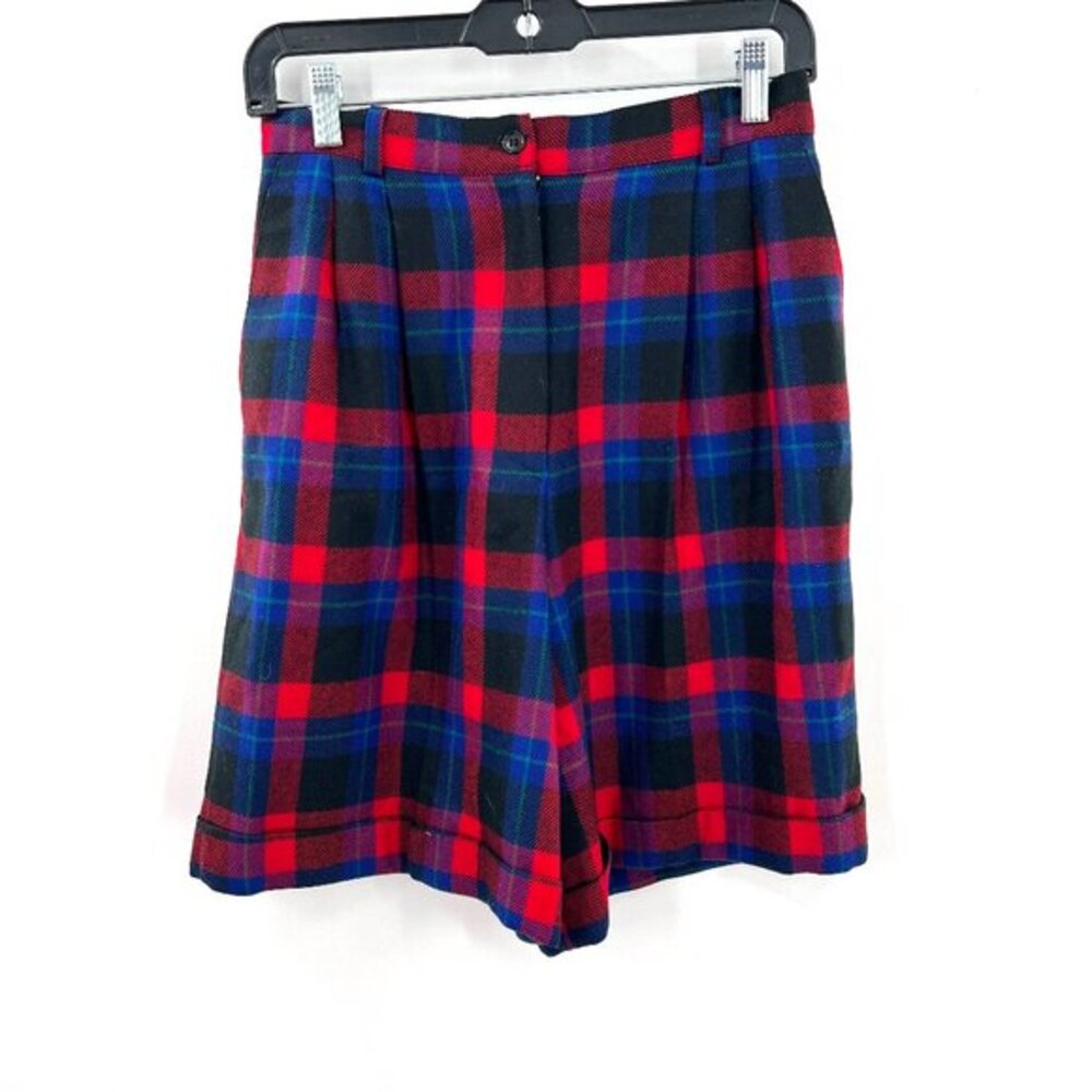 Vintage Talbots 90s super high rise pleated wool plaid mom short purple 8 Petite